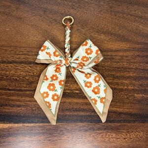 Orange & White Floral Print Scarf Bow Bag Charm Keychain w/Gold-tone Hardware